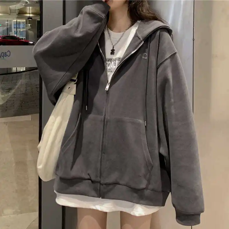 Hooded Sweatshirts Women Zip-up Spring Autumn Front Pocket Loose Korean Style Solid Color Casual Students Chic All-match Coats