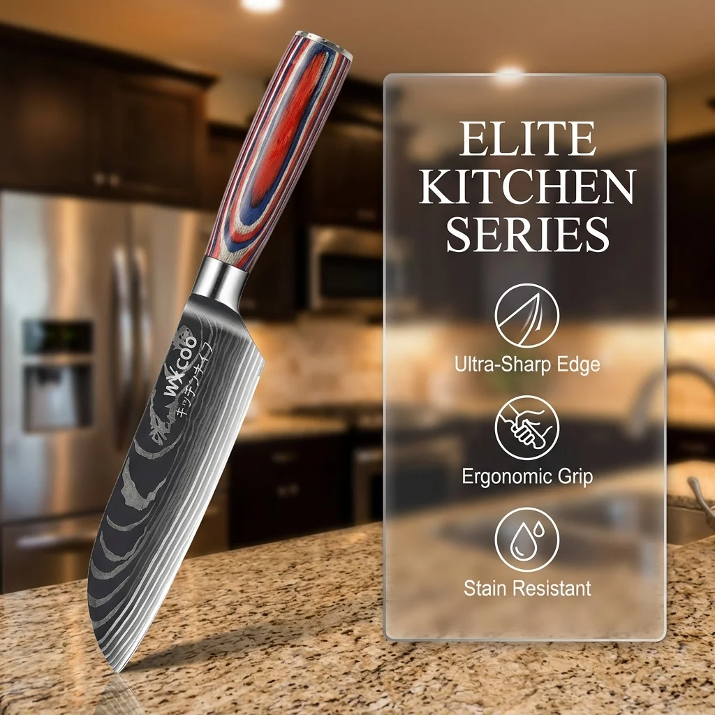 WXCOO Stainless Steel Kitchen Knife Set with Gift Box Japanese Wooden Handle Knife for Cutting Fruit Meat Slicing Professional