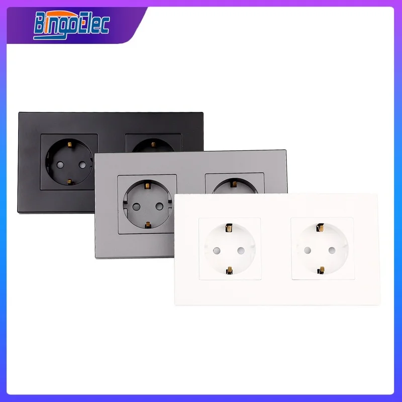 Bingoelec EU Double Sockets 2gang Power socket 16A electrical plug grounded 157*86mm pc wall Electrical Sockets Black white grey