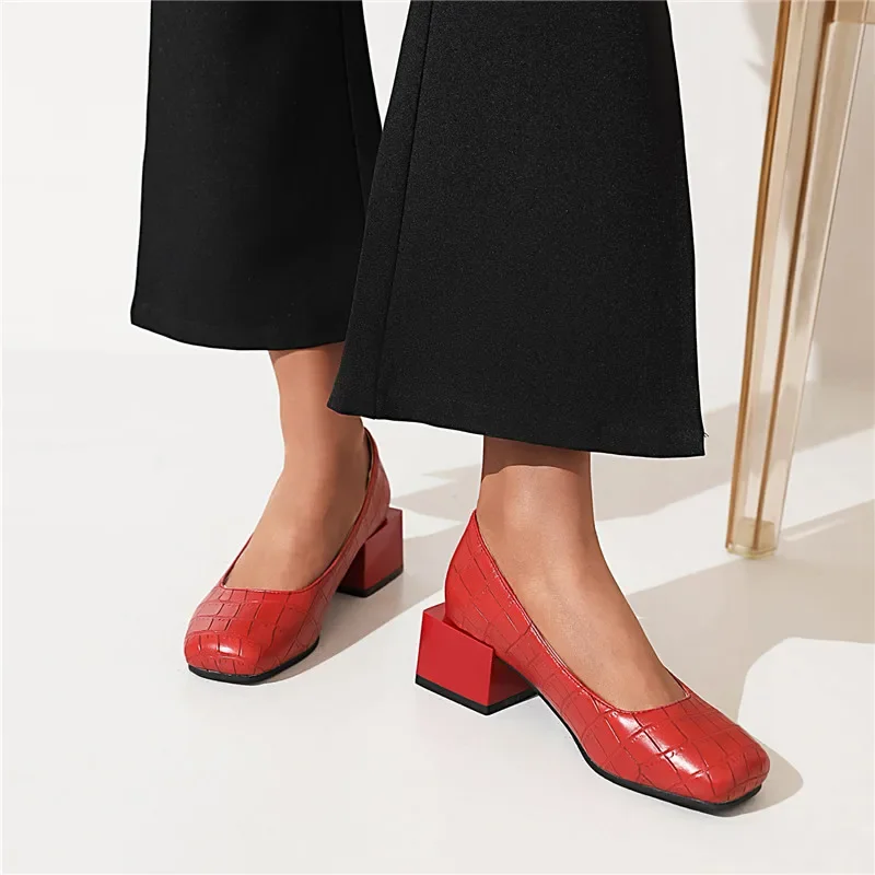 British Women Pumps Square Toe Blue Red Green Crocodile Leather High Block Heels Dress Office Lady Slip-on Shoes Plus Size 47 48