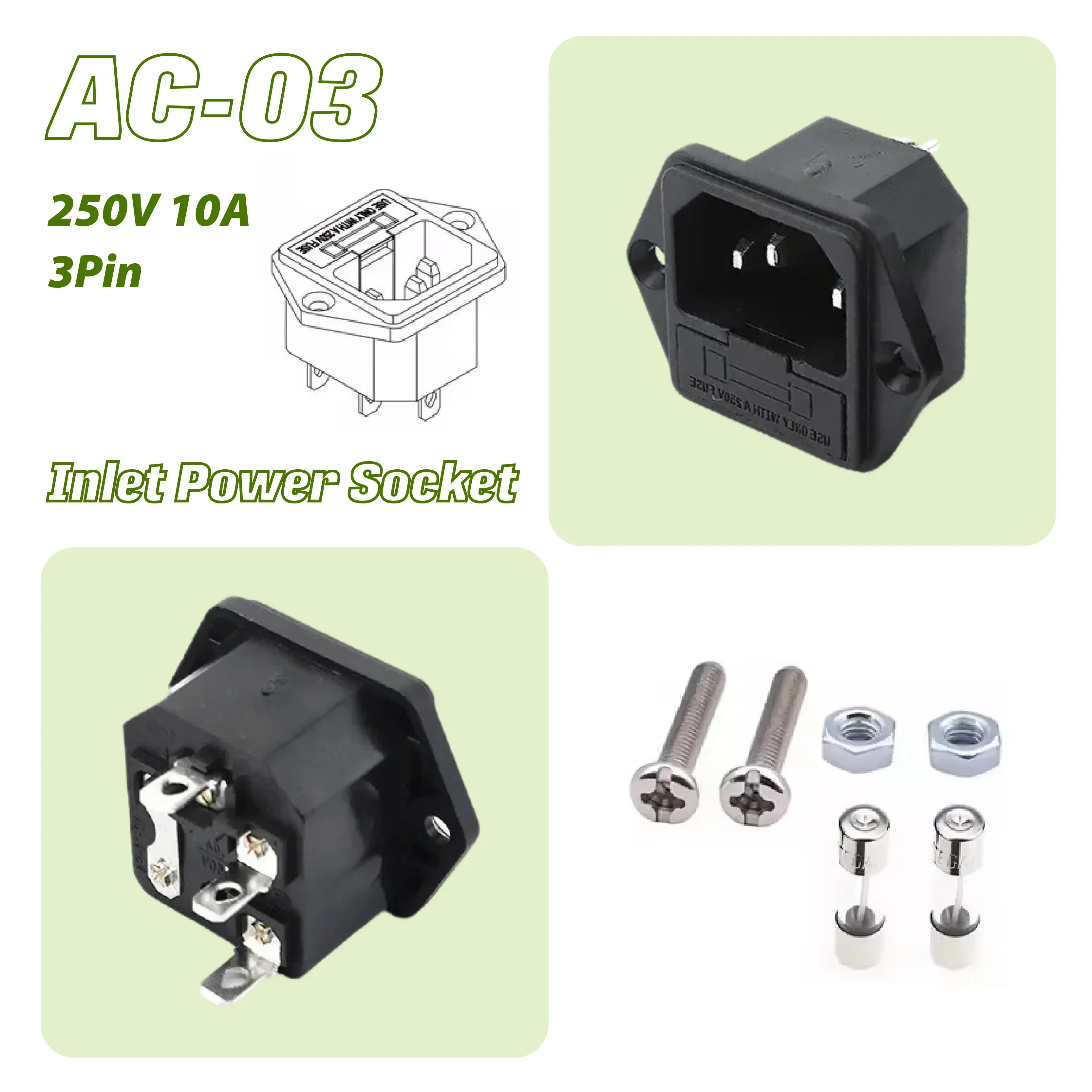 5Pcs IEC Fused Inlet Socket AC-03 Panel Mount Power Connector 10A 250V with Integrated Fuse Holder