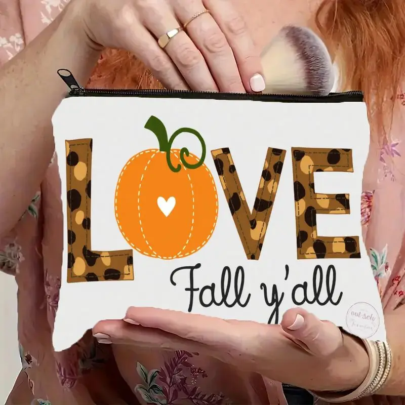 Women's & Men's Autumn-Themed 'LOVE Fall y'all' Pumpkin & Leopard Print Makeup Bag with Zipper Closure