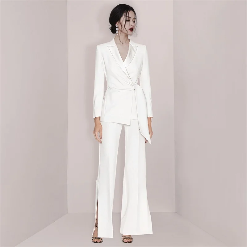 Frauen anzüge für Hochzeit elegante Blazer Split Flare Hosen Ballkleid formelle Büro Dame Jacke mit Gürtel auf Lager