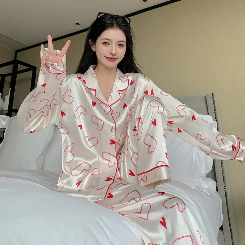 Women\'s Pajamas Sets Spring Autumn 2 Piece Print Heart Pyjama Faux Silk Satin Sleepwear Long Sleeve Pijama Mujer Pjs Homewear