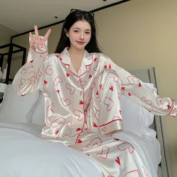 Women's Pajamas Sets Spring Autumn 2 Piece Print Heart Pyjama Faux Silk Satin Sleepwear Long Sleeve Pijama Mujer Pjs Homewear