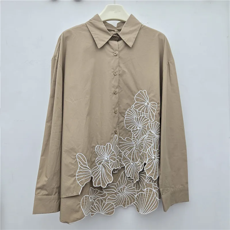 Women Long Sleeve Shirt Minimalist Versatile Irregular Hem Embroidery Design Casual Fashion Ladies Blouse Tops