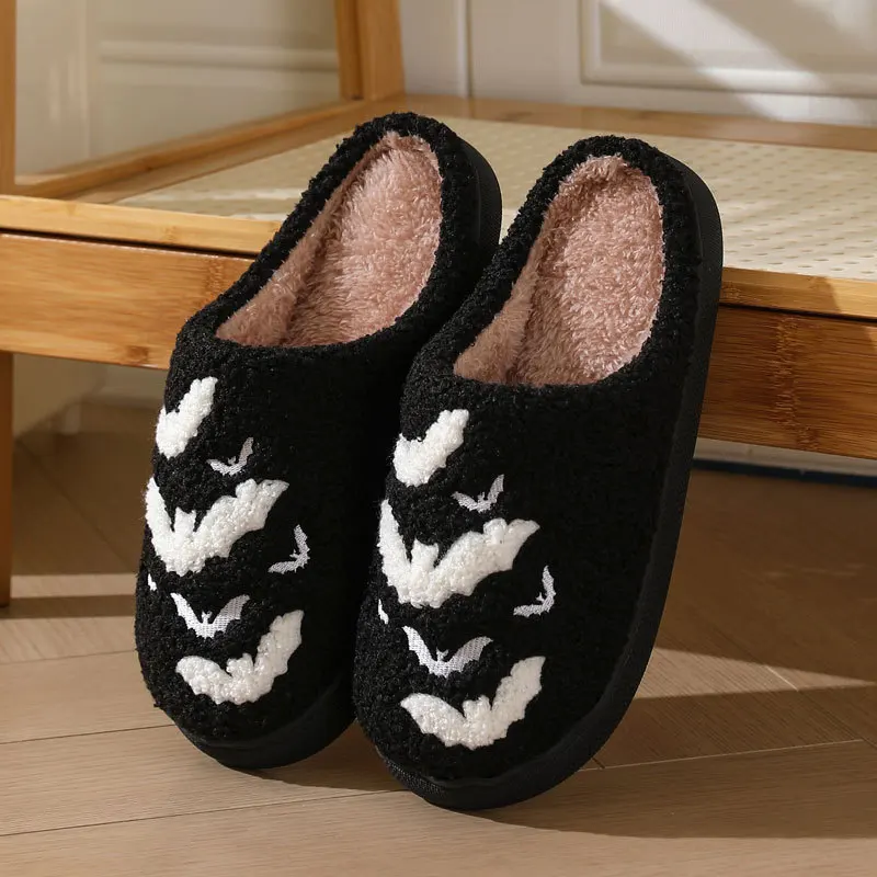 Halloween Bat Pattern Embroidered Plush Home Thick-Soled Comfortable Woolen Cotton Slippers  Warm Non-Slip Indoor Slippers view 5