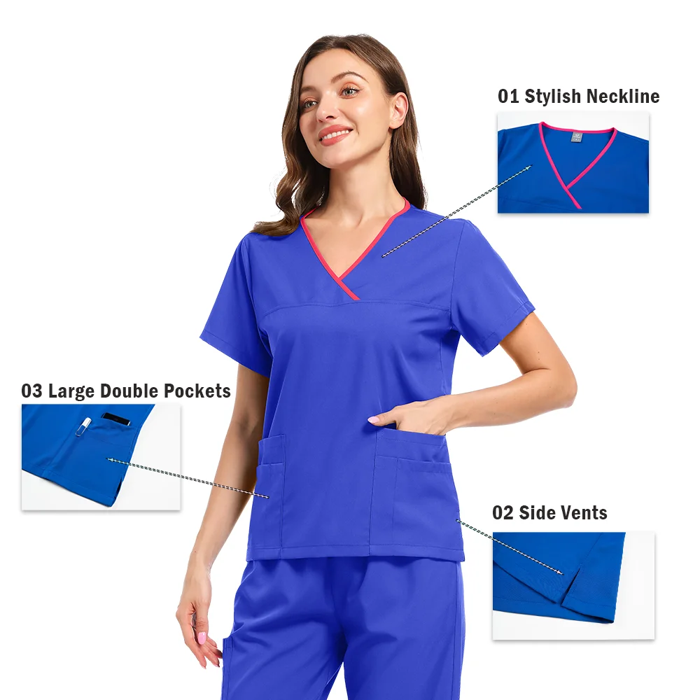 Women Men V-neck Short Sleeve Scrubs Surgical Nursing Uniforms Nurse Pockets Workwear Dentist Medical Uniforms Clinic Scrub Suit