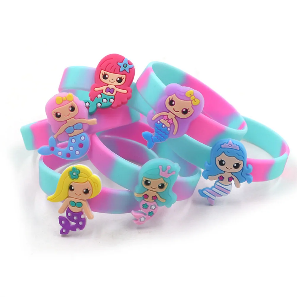 12 Uds. Pulseras coloridas para niños, pulseras de sirena de silicona, suaves, ecológicas, elásticas, impermeables para recuerdo de fiesta infantil