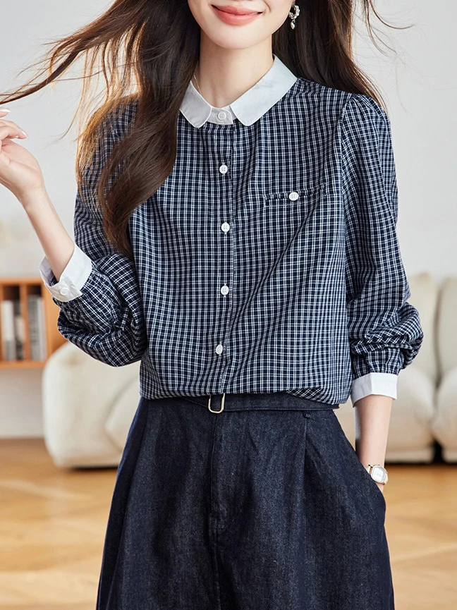 

Women's Cotton Plaid Shirt Casual Korean Style Turn-down Collar Design Loose Fit Long Sleeve Skin-friendly Breathable Button-...