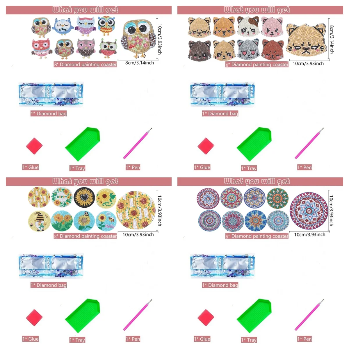 8 مجموعات من اللوحات الماسية التي تصنعها بنفسك: البومة/الدب/الأقزام/الماندالا/النمط، الوقايات الخشبية غير القابلة للانزلاق، غرفة المعيشة، المطبخ