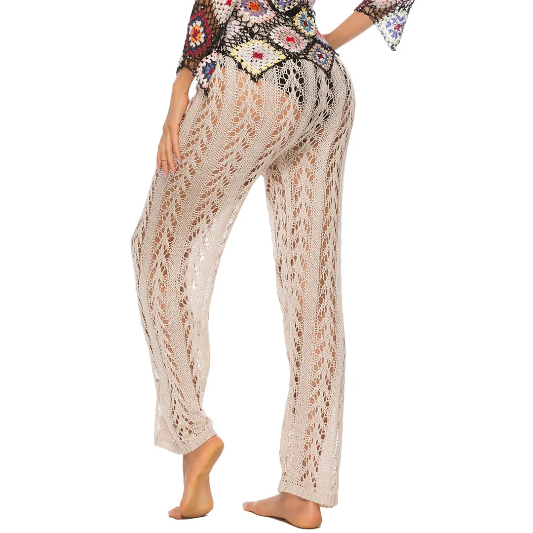 S - XL Damen-Häkel-Strick-Strandhose, ausgehöhlte, elastische, gerade geschnittene, lässige Hose, Urlaub, Strand, weites Bein, Bikini-Überwurf V2651 – Detail 32