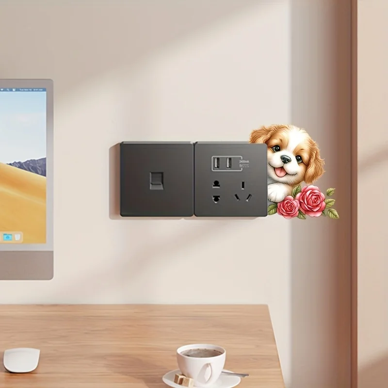 1pc Adorable Puppy Switch Stickers Bedroom Living Room Light Switch Decals Cartoon Animal Home Decoration Wterproof Wall Sticker