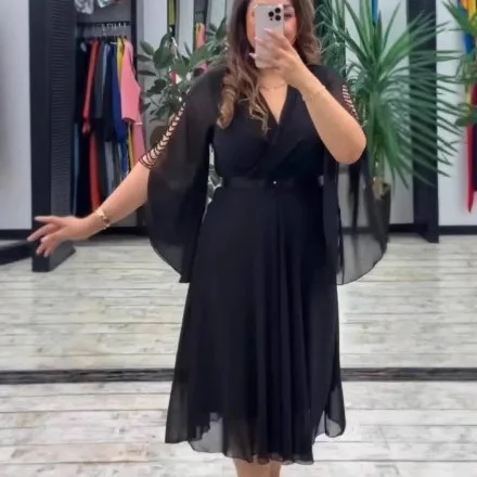 Flare Sleeve Chiffon T Shirt Women's V-neck Waist Cinched Short Sleeve Casual Blouse Top Fashion Clothing New Summer 2025