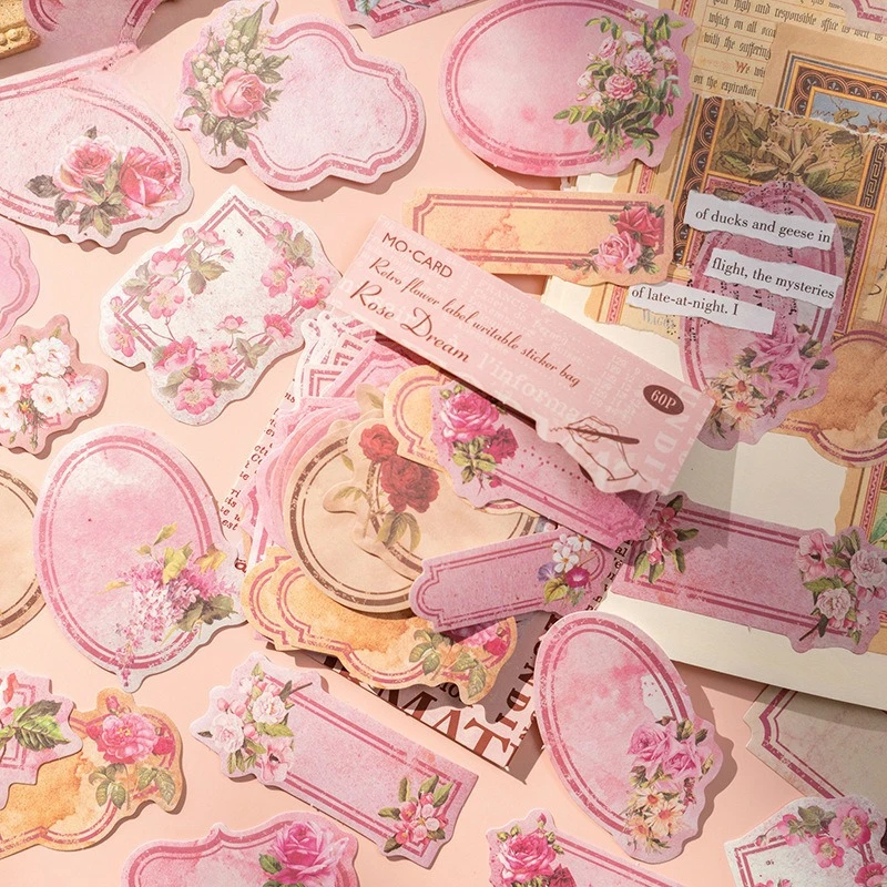 60 Pcs/Pack Writable Sticker Pack, Garden Label Series, Vintage Floral Journal DIY Decorative Stickers