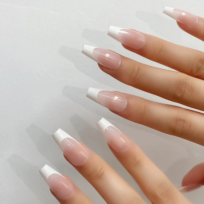 30pcs XS S M Size Finished With Top Coat Press On Nails Smile French Style Fake Nails Long Coffin False Nail Tips+Jelly Sticker