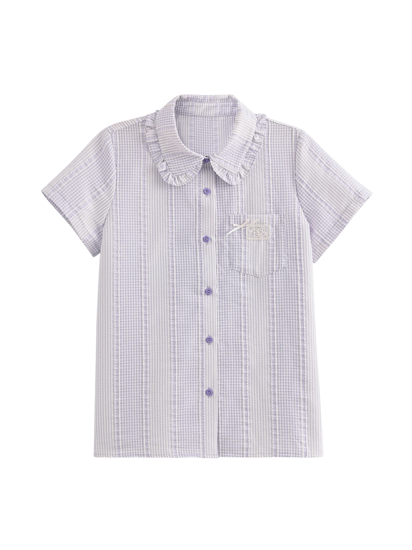 Sweet Style Purple Striped Lace Shirt Loose Short Sleeve Doll Collar  Knot Women's Summer Top Fashionable Casual Blouse