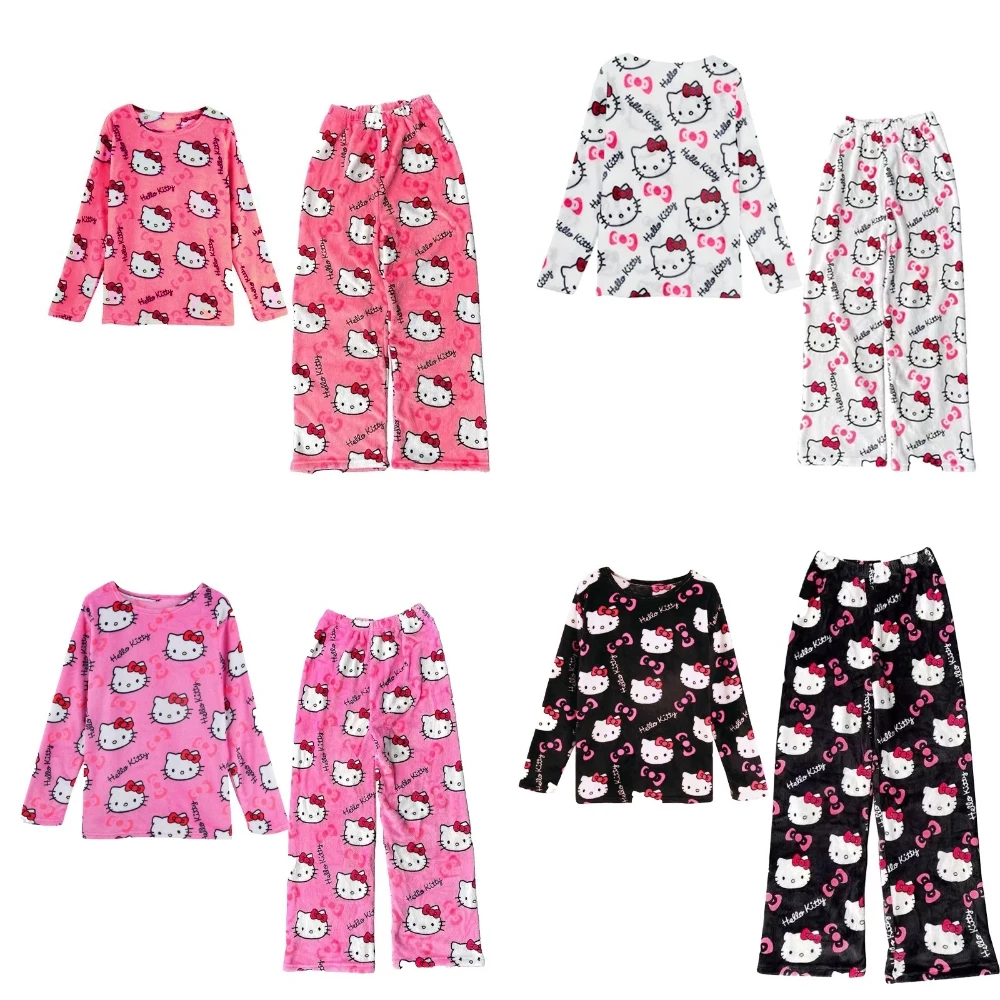 Winter Cute Hello Kitty Pajamas Set Flannel Pants Kawaii Sanrio Pajama Suits Warm Thickened Woman Pants Plush Homewear Sleepwear