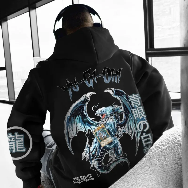 Classic Yu Gi Oh Ace Monster Blue Eyed White Dragon Printed Men's Autumn and Winter Thick and Wide Y2K Halloween COS Wide Hoodie view 2