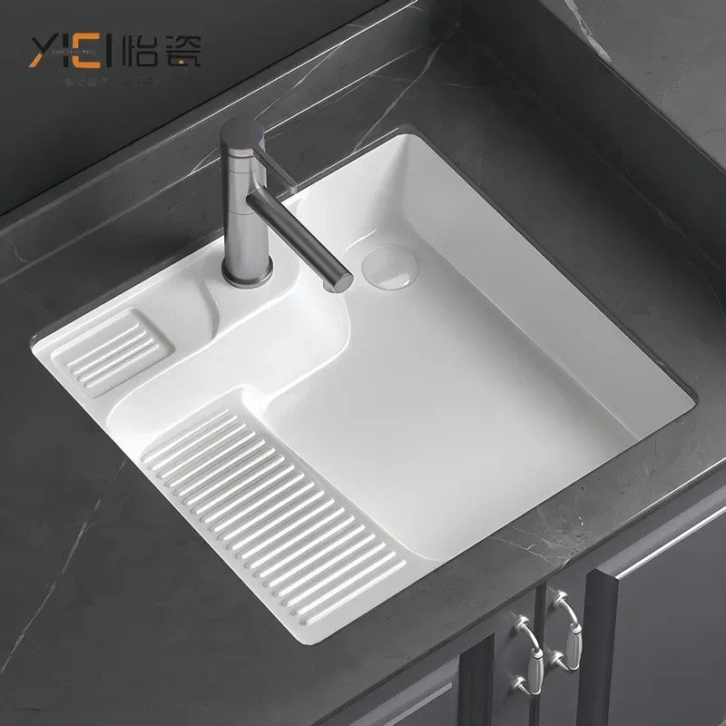 For Small Apartment Balcony Ceramic Under Counter Laundry Basin with Rubbing Board Single Sink for Hand Washing and Washing