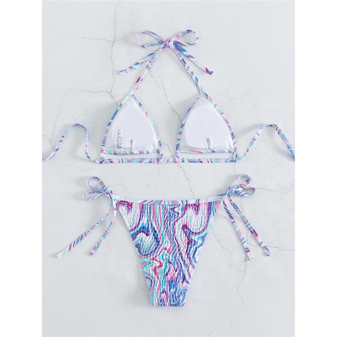 Bunter Neckholder-Bikini mit Trägern, Damen-Badeanzug, zweiteiliges Bikini-Set, Badeanzug mit hohem Beinausschnitt, Badebekleidung, Schwimmanzug V6005 – Detail 11
