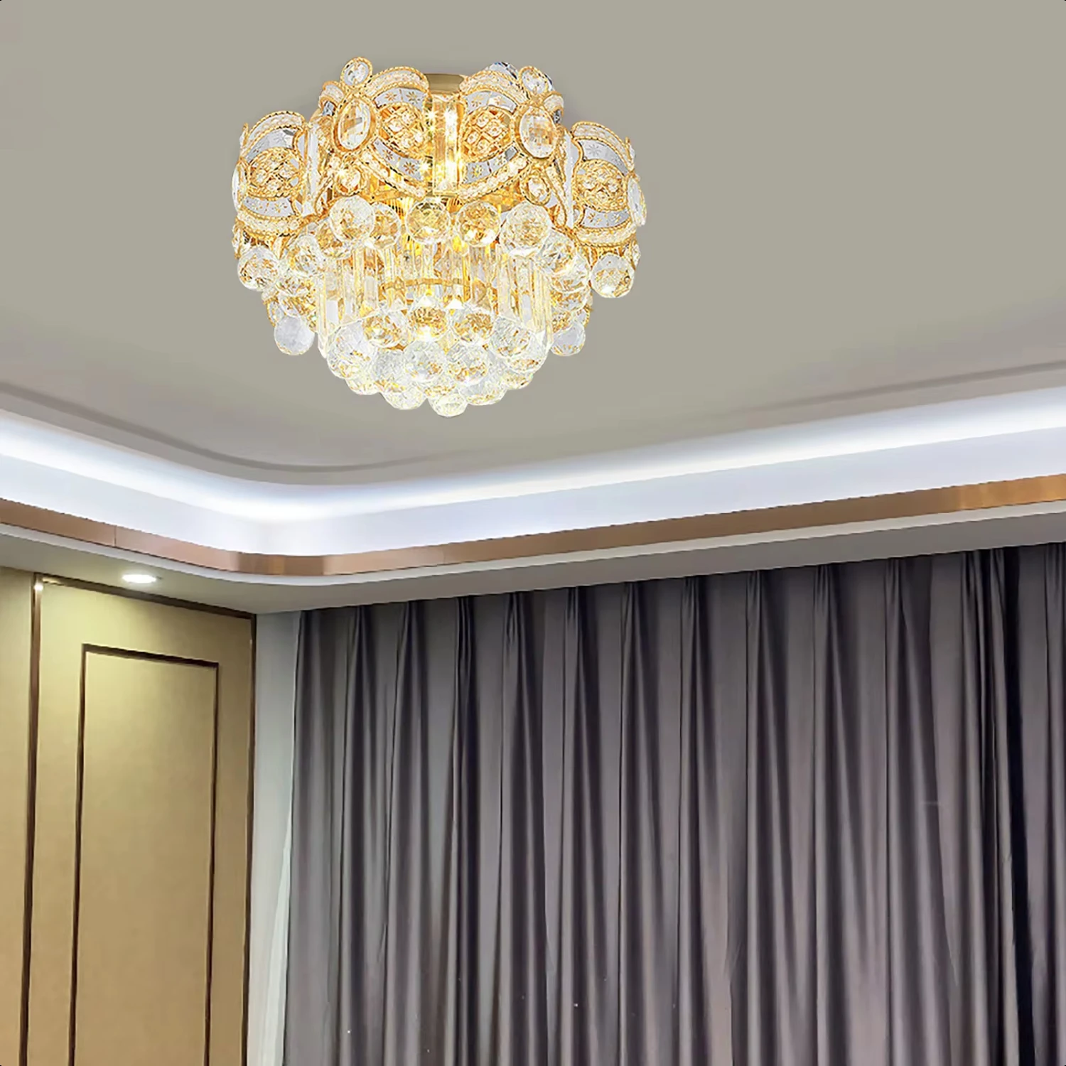 

New Modern Crystal Gold Chandelier Flush Mount Ceiling Lamp Light Fixture 40W 40cm / 15.75in Round Ceiling Light Bedroom