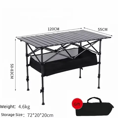 Folding Aluminum Roll Top Table Lightweight Adjustable 33" Height Outdoor Camping Table With Storage Mesh&Carry Bag For Tailgate