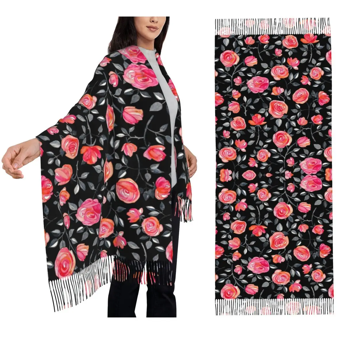 Rosas en negro, bufanda con estampado Floral de acuarela, bufandas con borlas para mujer, chal suave y cálido y envolturas, chal grande para Otoño e Invierno