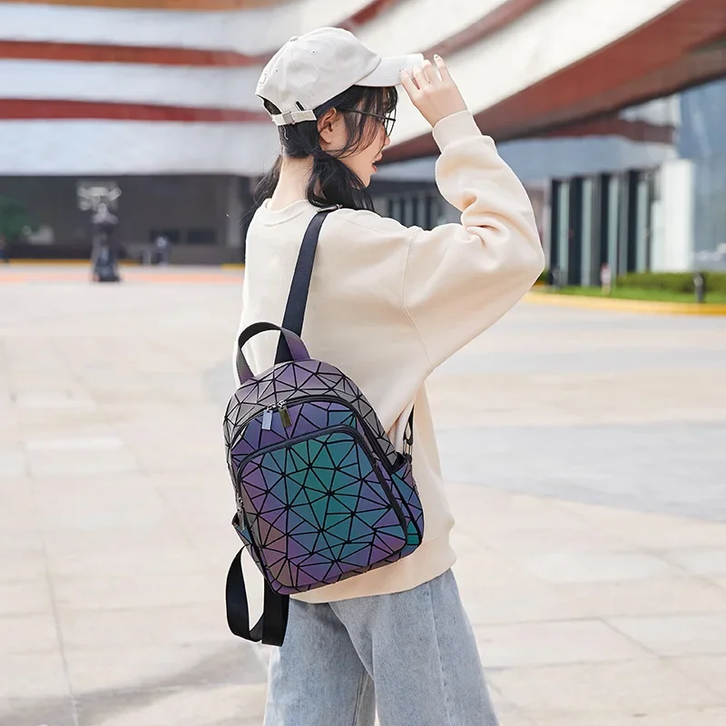 Women Luminous Brand Backpack Holographic reflective Geometric travel Shoulder Bag Folding Female student School Shine BackPack