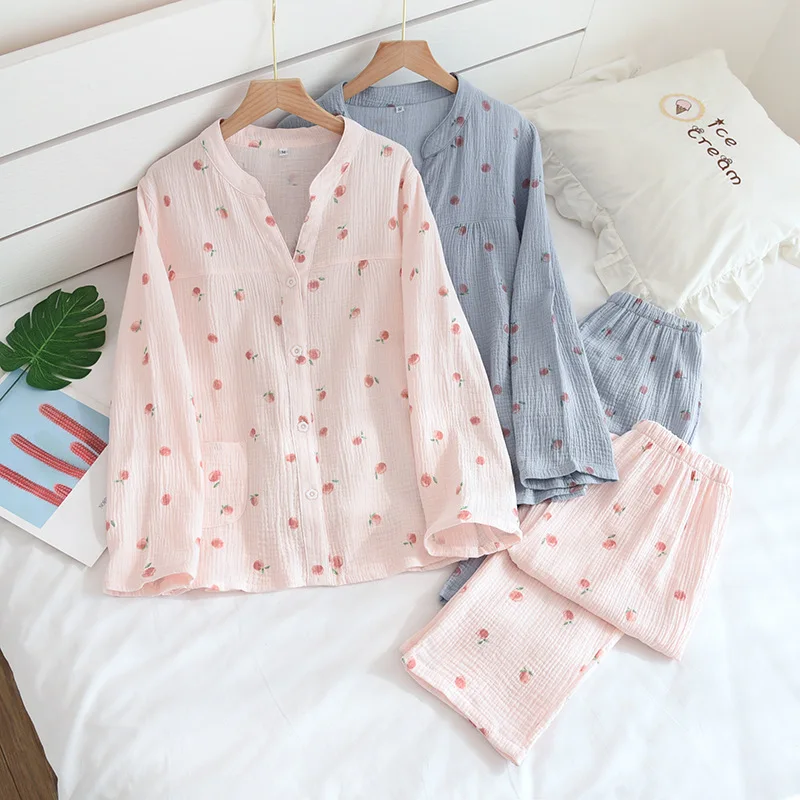 Japanese new style ladies spring and autumn V-neck pajamas 100% cotton long-sleeved home service thin suit two piece set summer