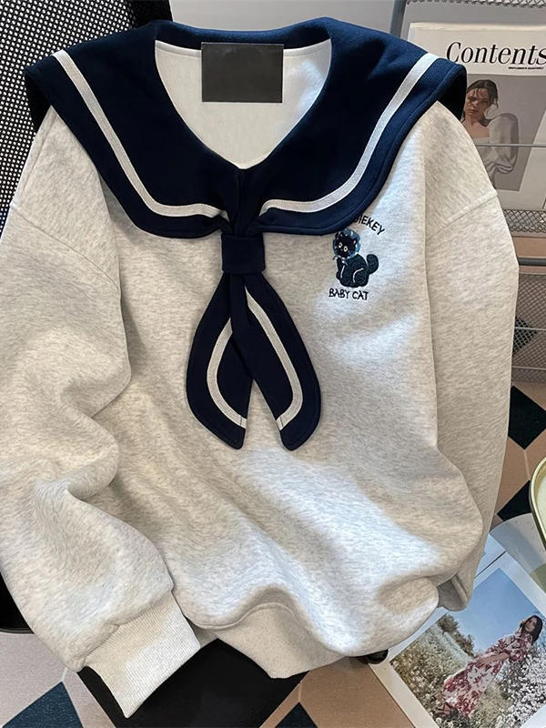 

plus Size 300 Pou Autumn Winter Long Sve Sweatirt Women's Sweet Sle Loose Top Navy Collar Embroidered Trendy Street...