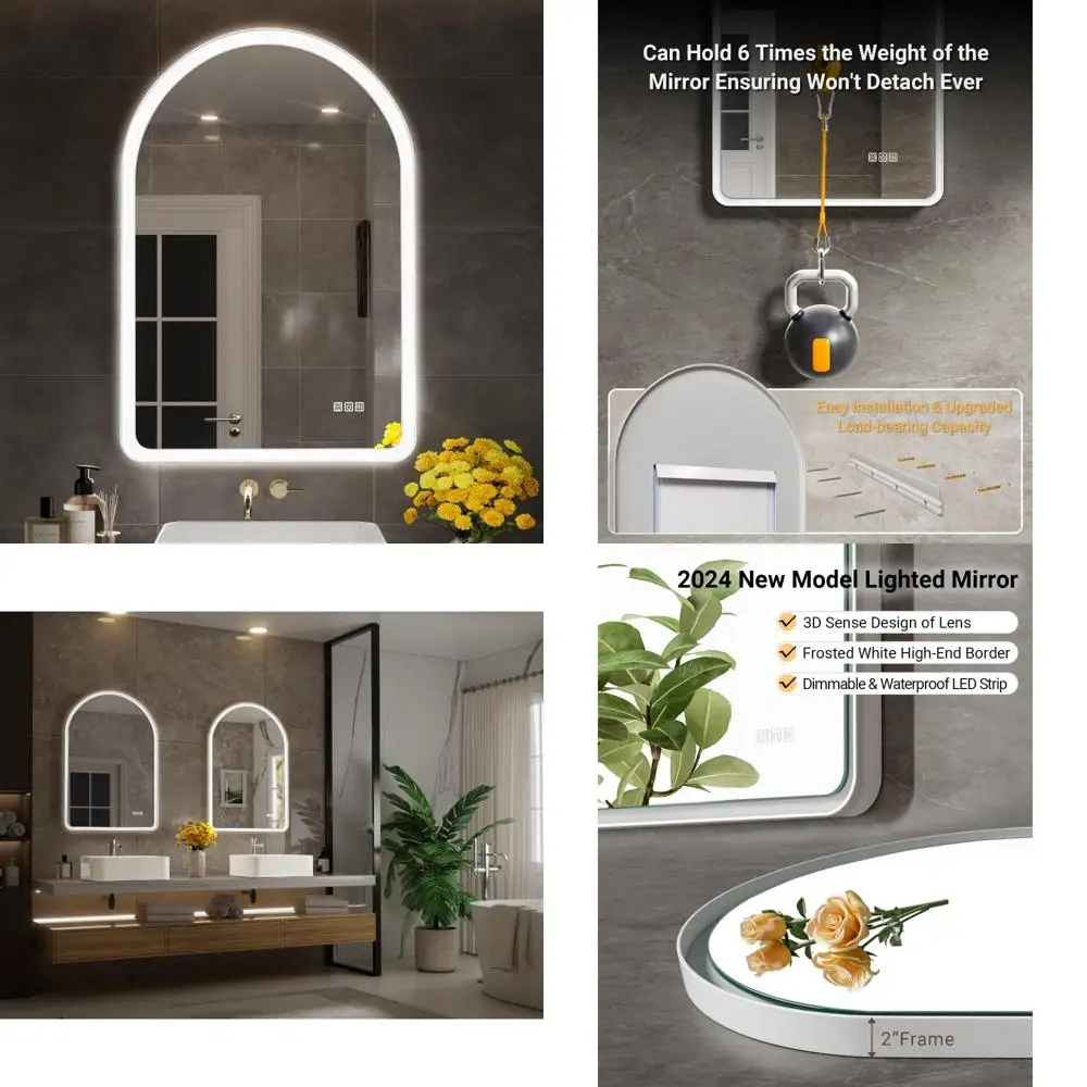 Lustro łazienkowe LED w kształcie łuku, 24x36 cali, z białą ramą zapobiegającą parowaniu i 3-kolorowym, ściemnianym oświetleniem.