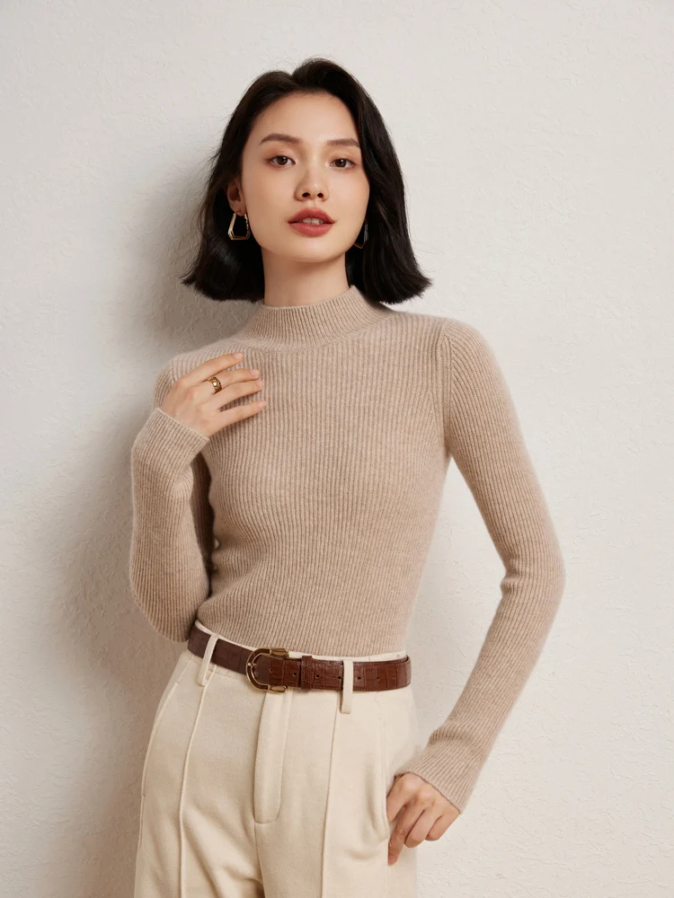 Women\'s 100% Cashmere Sweater Mock Neck Slim Pullover Basic Thick Cashmere Knitwear Autumn Winter Soft Warm Long Sleeve Clothing