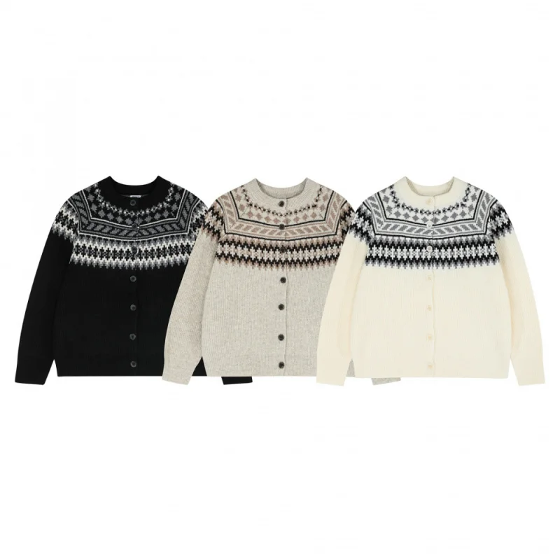 Men's Khaki Traditional Fair Isle Knit Cardigan, 2025 Fall Trend Vintage Geometric Patterned Button-Down Layering Sweater