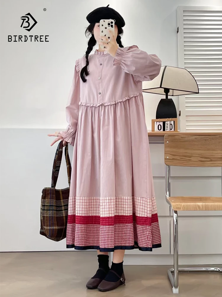 New Spring Cotton Long Sleeve Dresses, Women Stand Ruffles Plaid, Mori Girl Vintage Japan Style Sweet Loose Dress, 2025 D4D024CC