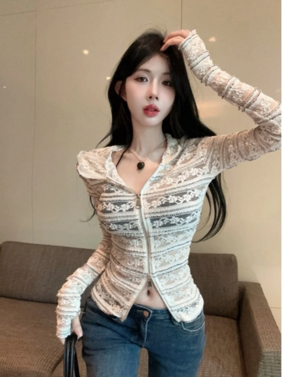 American Stripe Hooded Sun Protection irt Women Summer Spicy Girl Top Thin Hollow out Lace Open Cardigan Coat