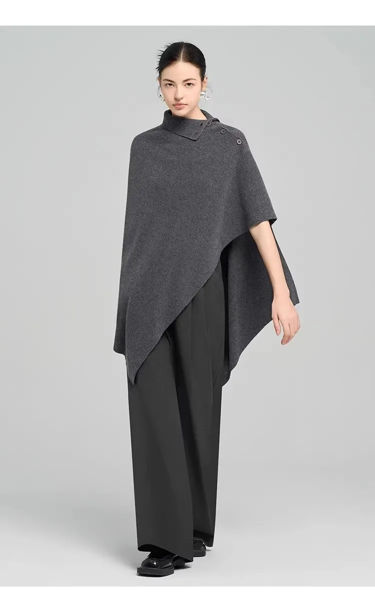 Design sense grey cloak female high collar loose irregular knitted scarf shawl coat