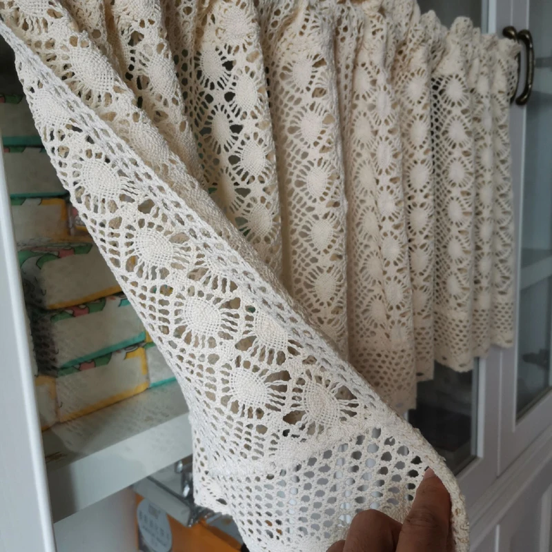 Handmade Hollow Lace Tassel Cotton Linen Kitchen Short Curtains Crochet Beige Valance Cafe Kitchen Door Window Drapes Cortinas