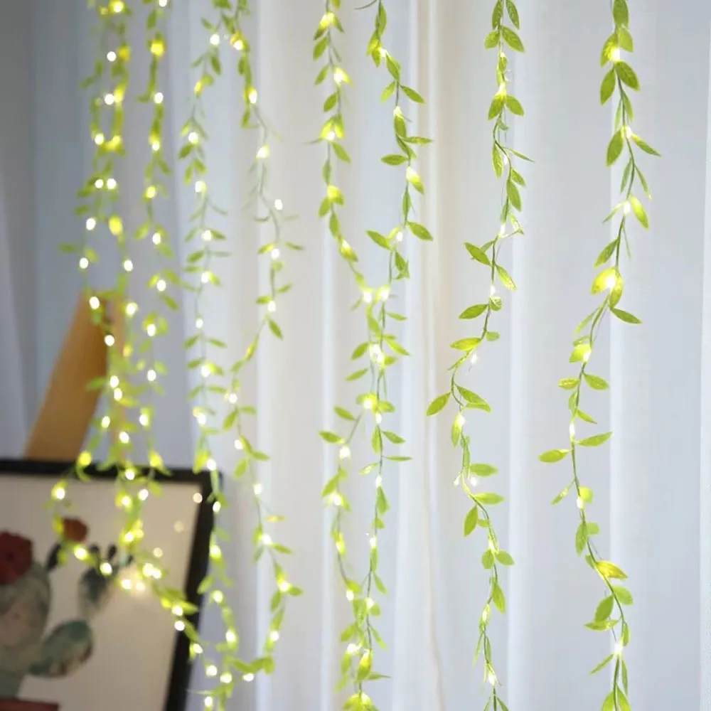 LED curtain light simulation willow leaf light 8 function USB power supply green leaf vine light courtyard decoration