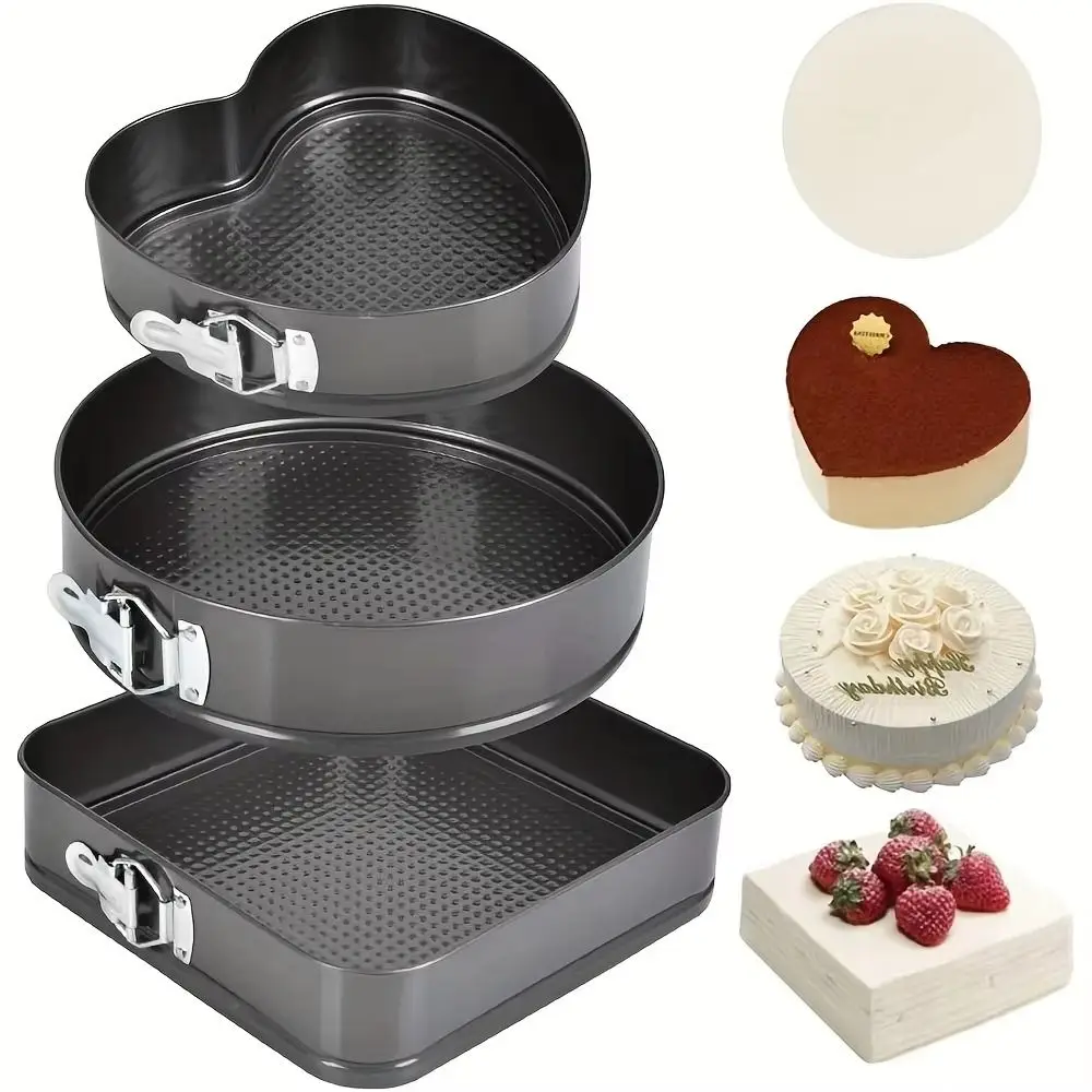 

3pcs Carbon Steel Cake Mold Baking Tools Removable Bottom Heart Round Square Cake Embryo Mold Set Multi-purpose Easy To Clean