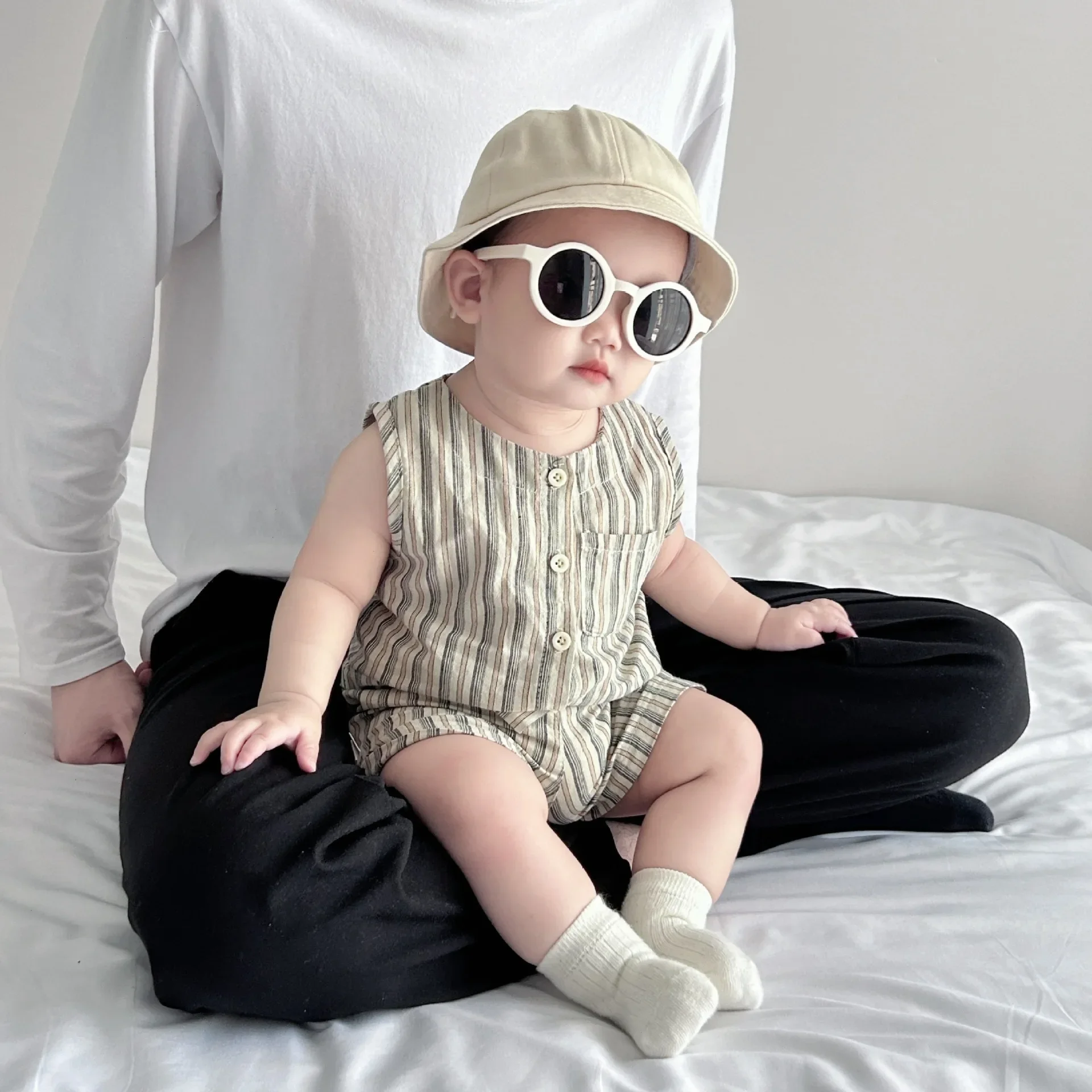 Summer Pure Cotton Set for Infants and Young Children New Handsome Trendy Striped Tank Top+Shorts Male Baby Stylish Clothes