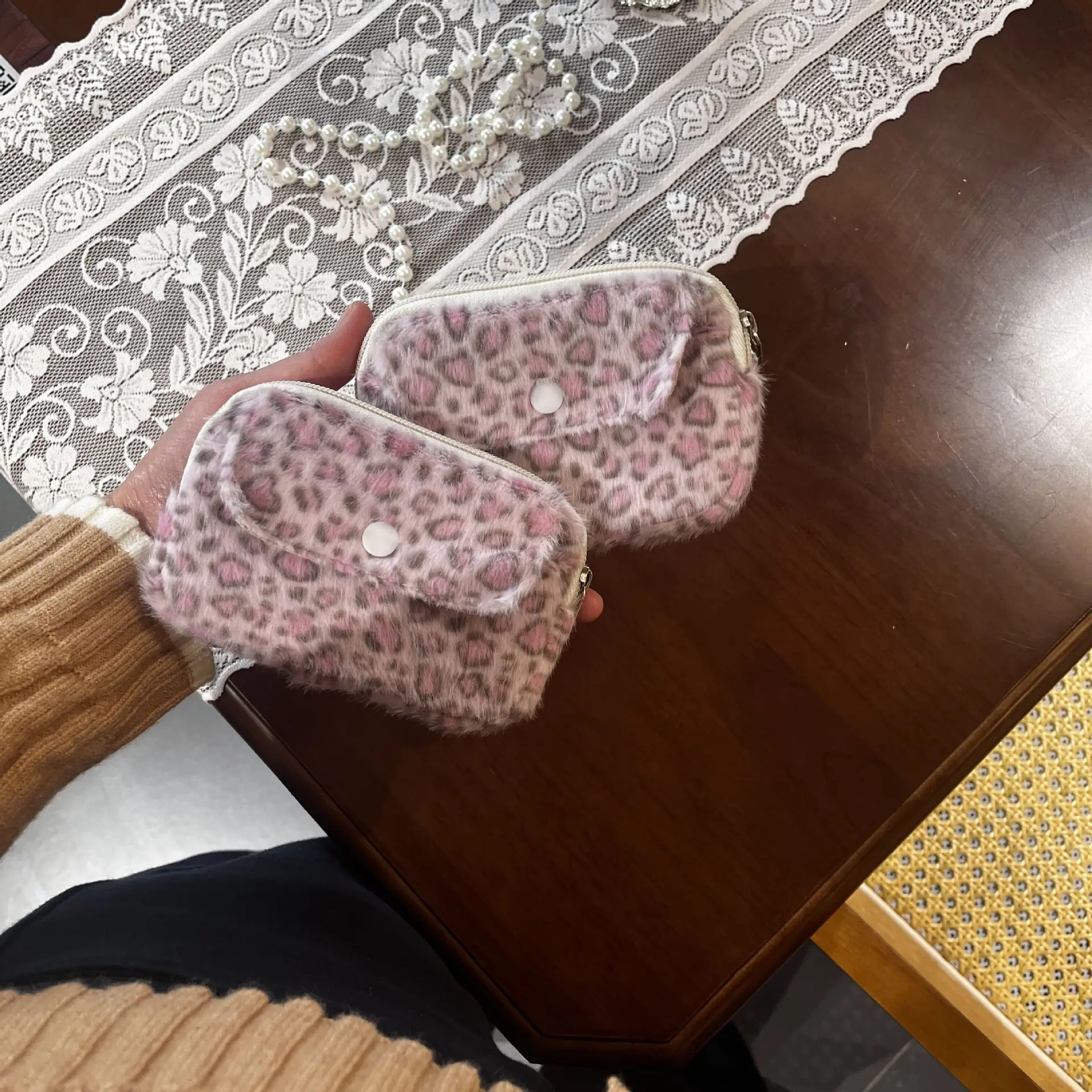 محفظة نقود معدنية بطبعة الفهد الوردي، حقيبة تخزين كاميرا حلوة لطيفة، حقيبة بطاقات محمولة ذات سعة كبيرة، حقيبة مكياج لأحمر الشفاه للسفر #2