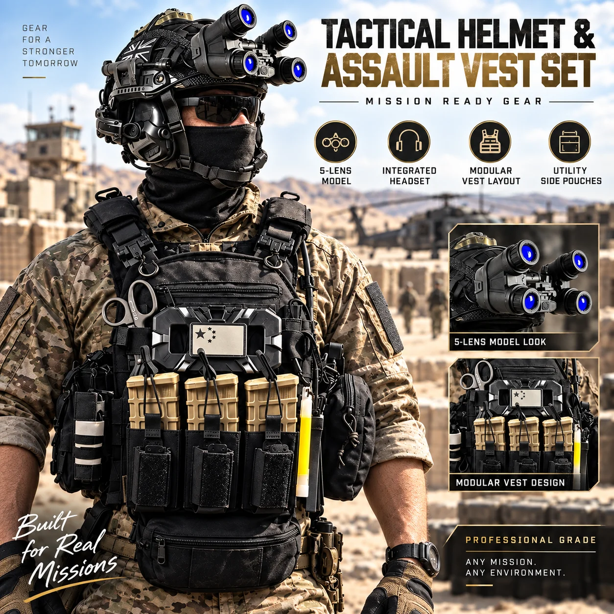 Tactical Helmet and Vest Kit Set Full Coverage MOLLE Modular Pouch System NVG Model Gear for Outdoor Training Cosplay Equipment