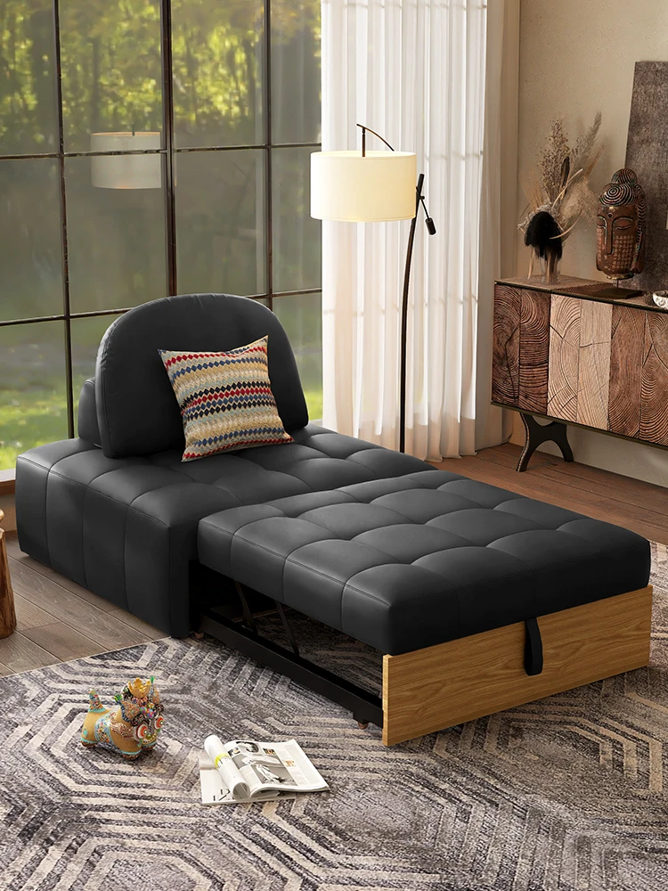Puff retractable sofa, retro leather single bed, Japanese-style living room, small apartment, cream wind pulling
