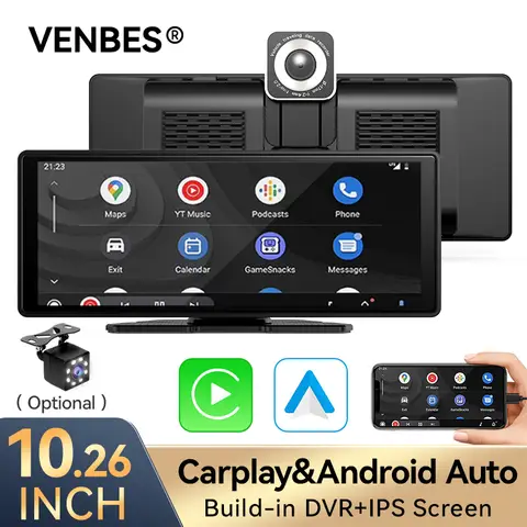 VENBES 10.26인치 카플레이 안드로이드 오토 카 라디오 멀티미디어 플레이어 내장 DVR IPS 스크린 미러링크