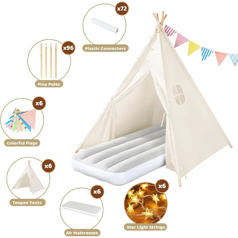 6-pack tipi tent voor kinderen slaapfeest - slaaptenten met opblaasbare luchtbedden, natuurlijk canvas speeltent binnen, wasbaar F