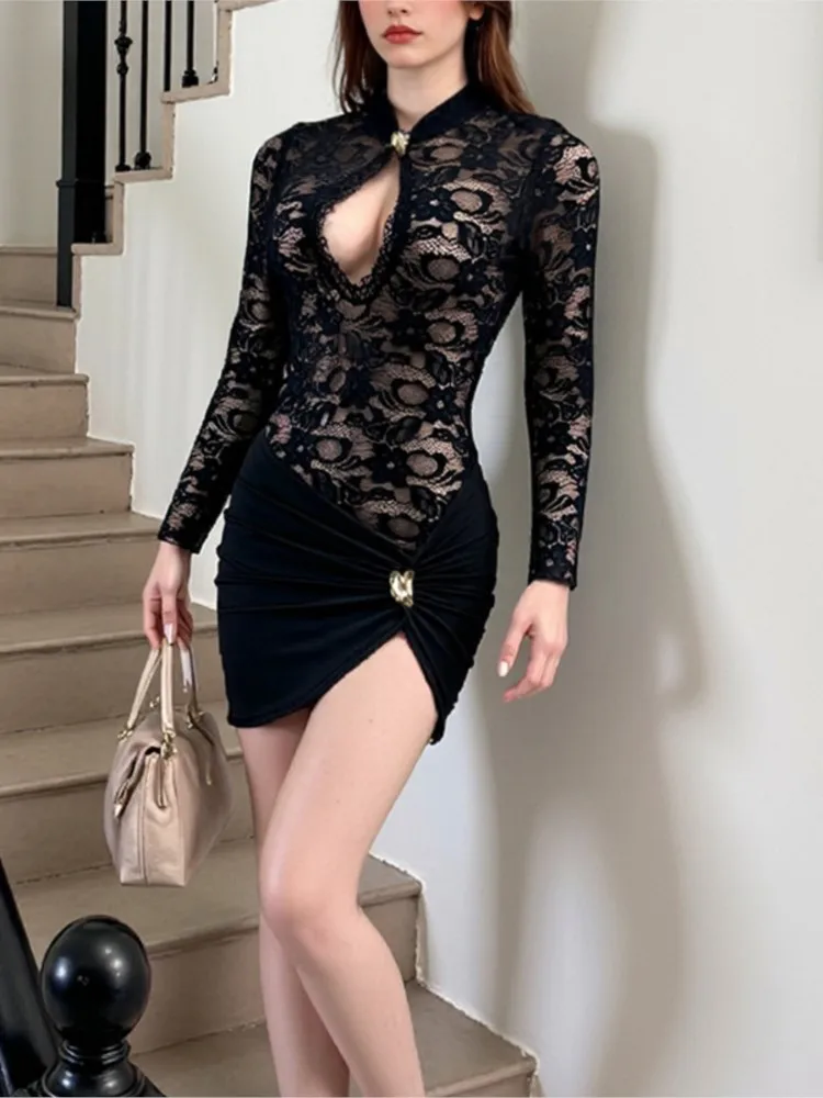 Vrouwen sexy kanten mini-jurk uitgehold lange mouwen avondfeest clubjurken vintage casual bodycon doorzichtige vestidos
