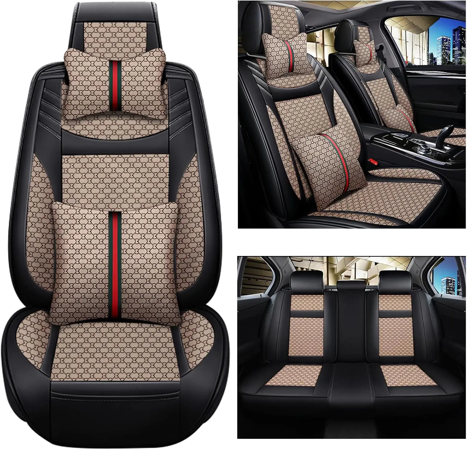 Car Seating Application, Premium Soft Material, Beige - Breathable with Neck and Lumbar Pillows, Airbag Compatible