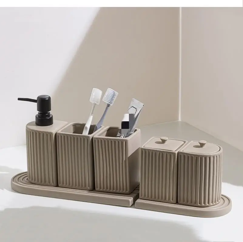 Bathroom Accessories Set Green Striped Ceramics Tooth Brush Holder Soap Container Cup Storage Tray Cotton Swab Box