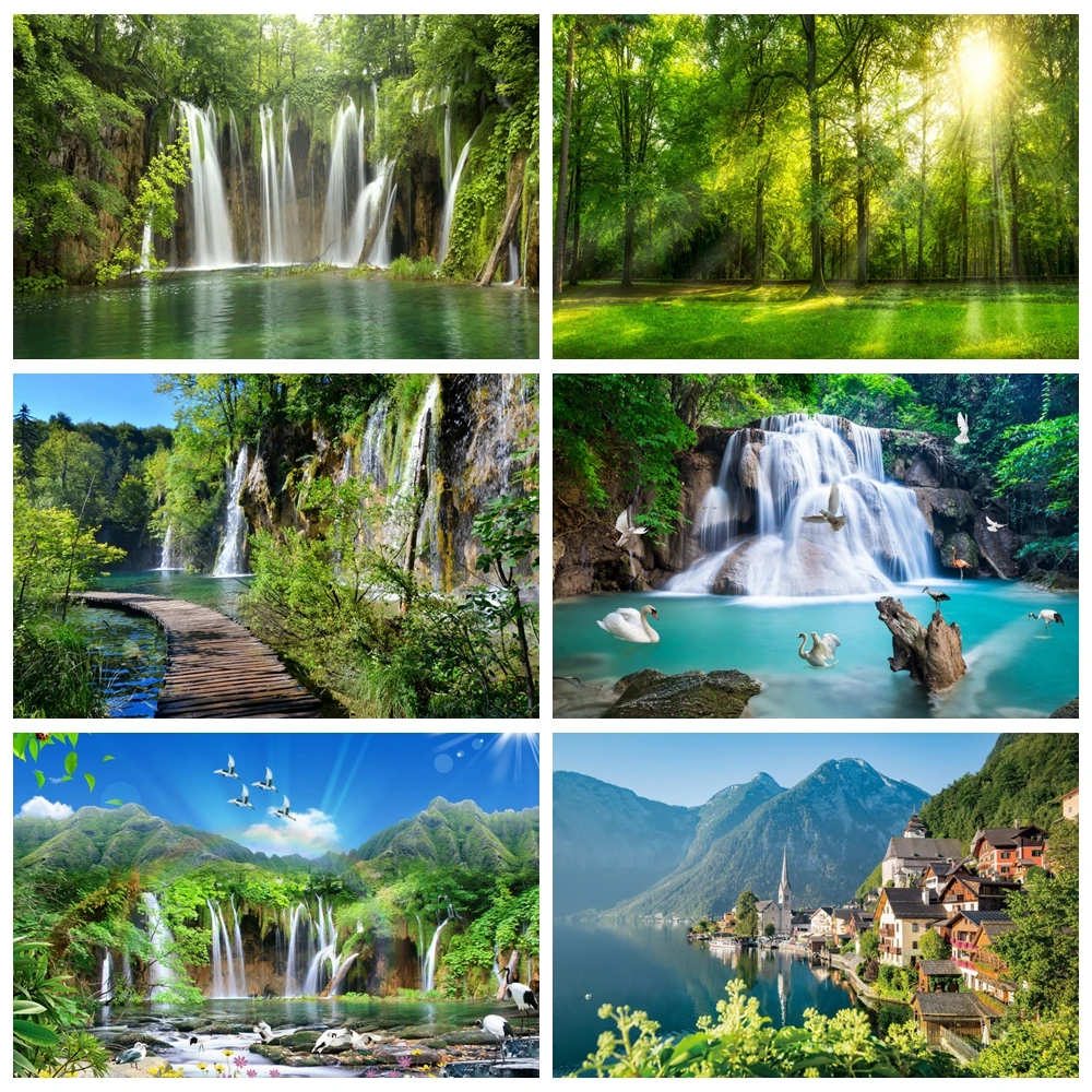 

Summer Natural Scenery Backdrop Mountain Waterfall Forest Flower Lake Landscape Baby Portrait Photography Background Photo Studi